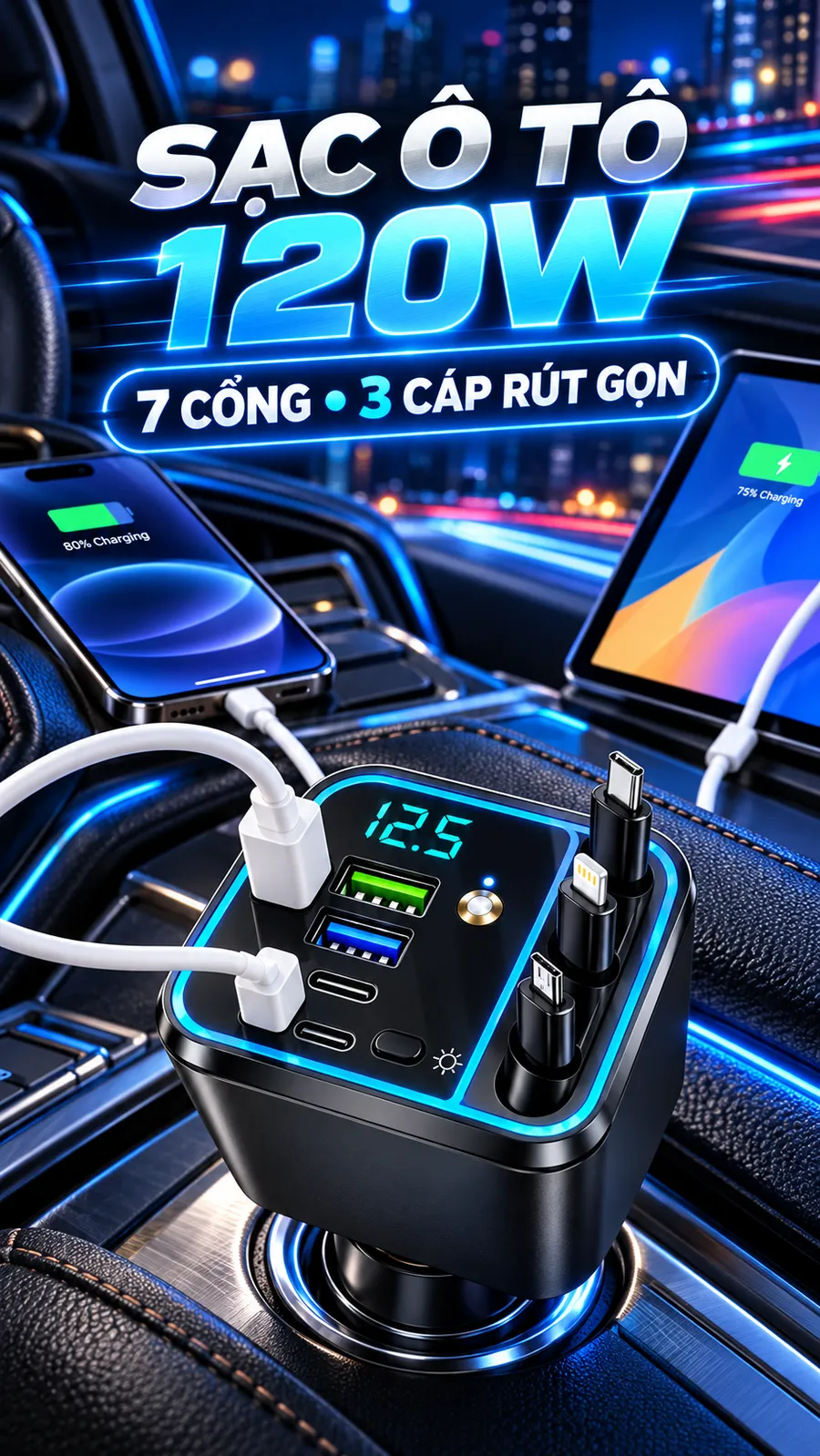Tẩu sạc ô tô 7 trong 1 – 120W – hình 8