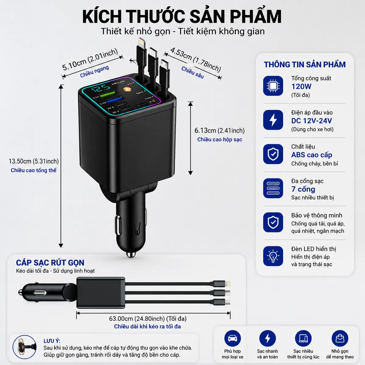 Tẩu sạc ô tô 7 trong 1 – 120W – ảnh 9